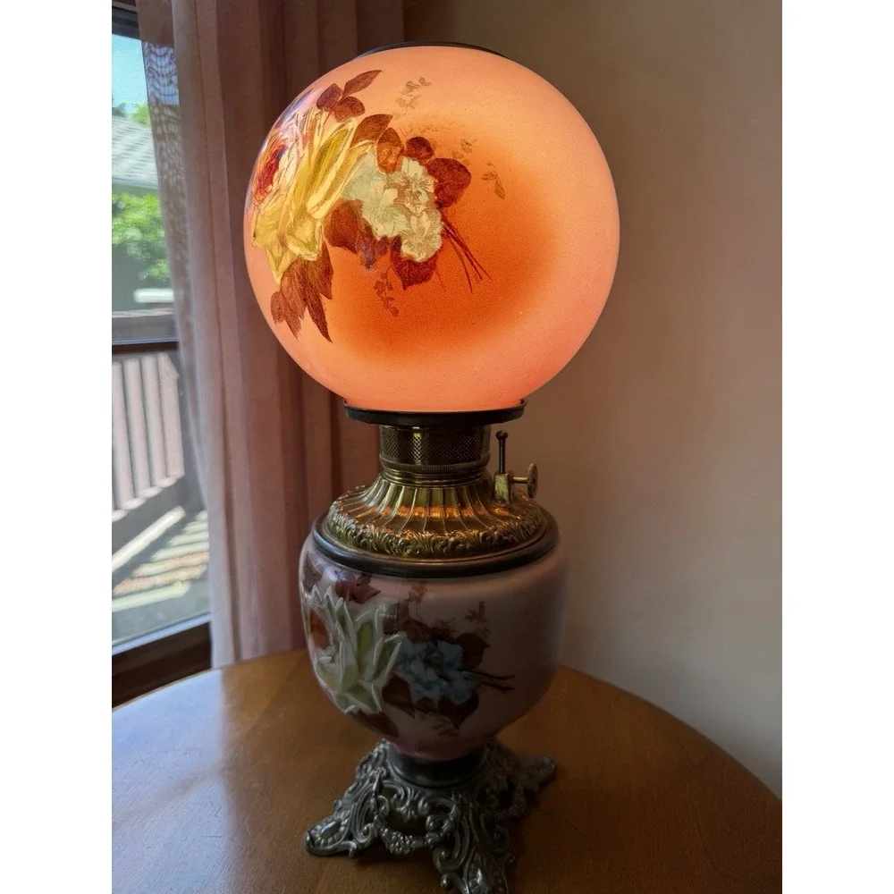 Antique GONE WITH THE WIND Lamp Electrified Oil Lamp Painted ROSES 24